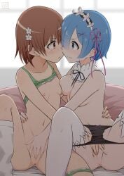 2girls absurdres black_panties blue_eyes blue_hair bow bow_panties bra bra_lift breasts brown_eyes brown_hair closed_mouth commentary_request commission crossover eye_contact fingering flower green_bra green_panties hair_flower hair_ornament highres looking_at_another medium_breasts misaka_mikoto multiple_girls mutual_masturbation nipples paid_reward_available panties panties_around_one_leg re:zero_kara_hajimeru_isekai_seikatsu rem_(re:zero) short_hair sirokohi skeb_commission small_breasts thighhighs toaru_kagaku_no_railgun toaru_majutsu_no_index underwear white_thighhighs yuri