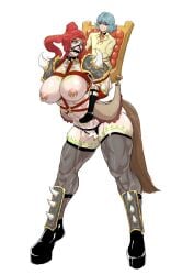 abs androgynous bit_gag bound bound_arms censored clitoris_bell clothed_dom_nude_sub dominated exposed_breasts exposed_pussy female female_focus female_warrior femsub green_eyes harness headband hoof_boots large_breasts markings muscles muscular_female nipple_piercing nipple_rings pauldrons pony_girl ponygirl ponyplay powerful_sub red_hair riding_on_back rope rope_bondage saddle slave small_dom_big_sub spikes strong_female submissive_female sweatdrop tagme tattoo thick_thighs white_background womb_tattoo zohanmohan