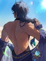 1boy alternate_costume ass_peek back_muscles back_view bare_back blue_hair braided_hair dark-skinned_male desert dessert earring exposed_back facing_away genshin_impact highres hoyoverse kaeya_(genshin_impact) lens_flare male male_only mihoyo morte morte00097530 morte_(morte00097530) muscular muscular_male sun sweat sweatdrop sweating vision_(genshin_impact)