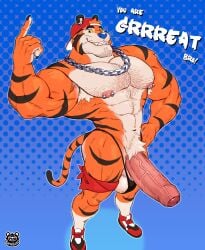 anthro bara bearded big_penis biped body_hair chest_hair erection felid foreskin frosted_flakes genitals hi_res huge_cock humanoid_genitalia humanoid_penis kellogg's looking_at_viewer male mammal mascot muscular muscular_anthro muscular_male nude_anthro nude_male pantherine penis punktoso solo tiger tony_the_tiger uncircumcised yaoi