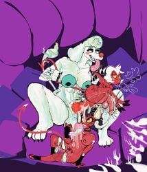 absurd_res anal animal_genitalia animal_penis anthro areola ass ball_lick balls big_areola big_balls big_butt big_penis black_hair blue_nipples bodily_fluids breasts canid canine canine_genitalia canine_penis canis carrying_another choker claws condom cum cum_on_body cum_while_penetrated domestic_dog donaldducked excessive_cum excessive_genital_fluids fan_character female filled_condom fur futanari genital_fluids genitals group group_sex gynomorph hair helluva_boss heterochromia hi_res horn huge_balls imp intersex jewelry licking male mammal millie_(helluva_boss) moxxie_(helluva_boss) necklace nipples nude oral penetration penis poodle red_body red_nose sex sexual_barrier_device size_difference tail tail_pull threesome toe_claws tongue tongue_out trio white_body white_fur white_hair