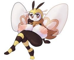 2017 antennae_(anatomy) areolae big_areolae big_eyes breasts breasts_bigger_than_head breasts_out brown_scarf eyelashes fairy fairy_wings hand_over_mouth insect_girl insects looking_at_viewer metachoke ribombee scarf smiling smiling_at_viewer stockings white_body yellow_body