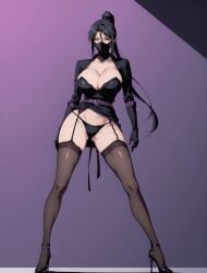 ai_generated bewitching_thighs big_breasts black_hair female full_body garter_belt high_heels mask shu stockings triage_x