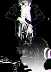 2boys black_background blindfold cannibalism chaixuxu0705 chromatic_aberration clown feeding food fork glasses glitch gloves guro highres holding holding_fork intestines jacket male_focus multiple_boys oerba_yun_fang open_clothes open_jacket randal's_friends randal_ivory sebastian_de_tomato_smith_chicken_legs short_hair simple_background sweat