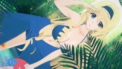 1girls 3d arm_up beachball big_breasts bikini blonde_hair blue_bikini blue_eyes breasts busty cecilia_alcott cleavage drill_hair female female_only hairband hi_res infinite_stratos large_breasts leaning_forward legs looking_at_viewer navel open_mouth pose posing sarong thighs toned tongue very_long_hair voluptuous water
