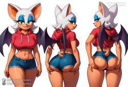 ai_generated animal_ears artist_name ass ass_focus back bat_wings blue_shorts blush breasts cosplay cowboy_shot crop_top cumsonics cutoffs dark_skin denim denim_shorts female from_behind furry furry_female hand_on_own_hip large_breasts looking_at_viewer looking_back metadata_request micro_shorts midriff model_request multiple_views navel open_mouth original patreon_username rouge_the_bat rouge_the_bat_(cosplay) short_hair short_shorts short_sleeves shorts simple_background smile sonic_(series) standing tail thighs twitter_username white_background wings