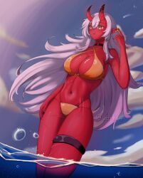 akumi artist_name bare_shoulders bikini blurry blurry_background bodysuit breasts cleavage closed_mouth covered_navel demon_girl depth_of_field eyebrows_visible_through_hair female hair_between_eyes horns large_breasts littleruhro long_hair looking_at_viewer monster_girl multicolored navel ocean oni_horns outdoors pointy_ears red_skin signature sky solo standing swimsuit very_long_hair vyugen wading water water_drop white_hair yellow_eyes