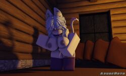 1girls anthro ass blush breast_grab breasts cat_ears cat_tail catgirl cyan_hair female forsaken forsaken_(roblox) friday_night_bloxxin' furry furry_female grey_nipples hair hair_over_eyes long_hair necklace nipples roblox roblox_avatar roblox_developer socks souldrivenlove touching_breast