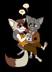 ambiguous/ambiguous ambiguous_gender anthro black_background blaise_(coyoticgood) blush blush_lines canid canine citrine_(hypnocatto) clothing collar coyoticgood domestic_cat duo felid feline felis fox hand_in_pants hi_res hindpaw mammal paws simple_background