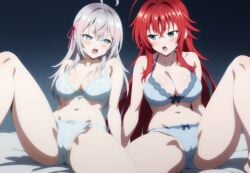 2girls ahoge ai_generated alisa_mikhailovna_kujou bed big_ass_(female) big_breasts bikini blue_eyes blush crimson_hair_female crossed_bangs crossover crossover_ship crossover_shipping curvy_females demon_girl female females_only hair_ribbon high_school_dxd hourglass_figured_female huge_ahoge interspecies lesbians light-skinned_female long_hair_female loose_hair lovehuwu milky_white_skin open_mouth red_ribbon rias_gremory russian_girl silver_hair_female sky_blue_eyes thick_thighs tokidoki_bosotto_russian_de_dereru_tonari_no_alya-san very_long_hair_female voluptuous_female wide_hipped_female yuri