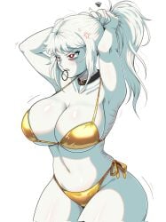 1female albina_(tidal) angry_expression big_breasts child_bearing_hips curvy_female female_only gold_bikini latina long_hair red_eyes tidal_(artist) tying_hair white_hair_female