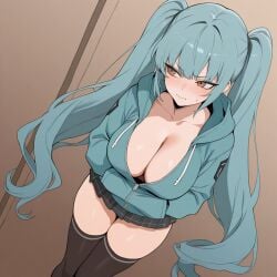 1girls ai_generated amber_eyes blank_background cleavage clothed_female goddess_of_victory:_nikke large_breasts light-skinned_female privaty_(nikke) skirt solo_female teal_hair thighhighs tsundere twintails