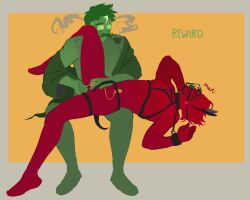bite_mark body_hair bondage bondage_gear cuntboy dirk_strider dog_ear_headband finger_fuck fingering gag homestuck intersex jake_english leg_over_shoulder male muzzle nipple_piercing nipples petplay piercing pumpkinminer smoking submissive_male vibrator