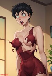 1girls ai_generated batman:_hush batman_(series) breasts bubbleteexl catwoman cleavage dark_hair dc dc_comics female female_focus green_eyes light-skinned_female light_skin pale-skinned_female pale_skin pixie_cut red_lipstick selina_kyle short_hair