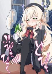 1boy bar_censor black_coat black_gloves black_pantyhose black_shirt blonde_hair blue_archive blush bow bowtie censored closed_mouth coat commentary_request condom condom_on_penis cowgirl_position cowgirl_position female gloves green_eyes hair_intakes halo highres long_hair madotsukumo paid_reward_available pantyhose penis professor_niyaniya_(blue_archive) pussy red_bow red_bowtie sex shirt sound_effects speech_bubble straddling straight torn_clothes torn_pantyhose translation_request vaginal_penetration variant_set wavy_hair yellow_halo
