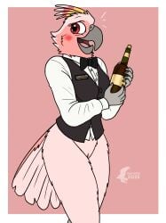 2025 anthro avian bartender bird blush bottle bottomless bottomless_female bow_tie breasts clothed clothing cockatoo collared_shirt container digital_media_(artwork) dress_shirt feathered_crest feathers female fish_birb genitals head_crest hi_res jenny_(fish_birb) major_mitchell's_cockatoo name_tag non-mammal_breasts parrot pink_background pink_body pink_feathers pinup pose pussy red_eyes shirt shy simple_background solo tail thick_thighs topwear uniform vest waiter waitress_uniform watermark wine_bottle