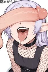 ai_generated bl4ck_ai black_lipstick drooling female frieren frieren_beyond_journey's_end goth goth_girl open_mouth oral_invitation penis_on_face penis_over_eyes saliva saliva_string saliva_trail suggestive suggestive_gesture