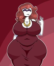 angelh96334 belly big_breasts big_thighs carmen_(spooky_month) collar dress eyeshadow fuck_you middle_finger red_hair