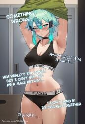 1girls ai_generated bare_arms bare_legs bare_shoulders bare_thighs big_breasts blacked blacked_clothing blue_eyes blue_hair blush clothed clothing color english_text female female_focus female_only helltoyou hi_res large_breasts light-skinned_female light_skin short_hair sinon solo solo_female sword_art_online text thick_thighs undressing