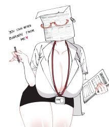 2d big_breasts cleavage female glasses job_application long_hair meme object_head office_lady paper pen tagme thick_thighs white_background white_skin