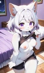 ai ai_art ai_generated anthro artificial_intelligence bed bed_sheet bedroom big_breasts breasts cat_girl cat_humanoid crop_top cute feline female female_focus fur furry looking_at_viewer neko nipples original original_character original_characters pixai purple_eyes shorts smiling_at_viewer tagme undressing unknown_artist white_body white_fur white_hair yuriko_(oc)