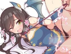 1boy bare_shoulders blue_dress braid breasts cleavage cleavage_cutout clothed_female_nude_male clothing_cutout commentary_request dragon_ears dragon_wings dress female frilled_thigh_strap half_updo highres holding holding_leash kuroha_koudai leash lind_(princess_connect!) lying male_pubic_hair nude on_side one_eye_closed open_mouth princess_connect! pubic_hair rape sex side_braid sleeveless sleeveless_dress small_breasts straight thigh_strap vaginal_penetration wings