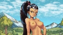 black_hair blue_sky breasts bukkake cg clenched_teeth cloud completely_nude cum cum_on_body cum_on_breasts cum_on_hair dark-skinned_female dark_skin day earrings facial female hair_pulled_back hand_on_own_hip hentai_heroes high_ponytail hoop_earrings jewelry kinkoid large_breasts long_hair looking_at_viewer medium_breasts mountain mountainous_horizon nature navel nipples nude official_art outdoors parody ponytail sheheramazond_(hentai_heroes) sky solo teeth tree upper_body very_long_hair yellow_eyes
