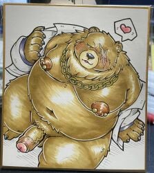 96panda anthro balls bear belly ben_bigger blush brown_body brown_fur clothing erection facial_scar foreskin fupa fur genitals heart_symbol hi_res male mammal marker_(artwork) mihoyo missing_eye moobs navel nipple_piercing nipples overweight penis piercing scar solo traditional_media_(artwork) uncircumcised undressing zenless_zone_zero