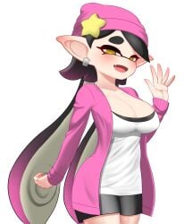 1girls beanie blush breasts callie_(agent_1_casual) callie_(splatoon) cleavage earrings large_breasts looking_at_viewer nobunagapero open_mouth pink_beanie shirt short_hair simple_background splatoon splatoon_2:_octo_canyon white_background white_shirt yellow_eyes