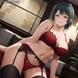 ai_generated bangs bare_shoulders black_thighhighs bra breasts cleavage collarbone dandanhub female garter_belt green_hair indoors jujutsu_kaisen large_breasts lingerie looking_at_viewer navel panties parted_lips pillow ponytail red_bra red_panties short_hair smile solo thighhighs thighs underwear underwear_only yellow_eyes zenin_maki