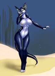 2023 anthro areola artist_logo biped black_body black_sclera breasts claws clothing cocofox colored countershade_face countershade_neck countershade_torso countershading digitigrade eel female fingerless_(marking) fish front_view genitals glistening glistening_body hi_res hybrid logo looking_at_viewer marine markings navel nipples non-mammal_breasts non-mammal_navel non-mammal_nipples non-mammal_pussy nude paws pussy sand seaweed shaded solo standing tassel_(pickit) tongue underwear unusual_insides water white_body white_countershading year yellow_areola yellow_claws yellow_eyes yellow_insides yellow_markings yellow_nipples yellow_nose yellow_pussy yellow_tongue