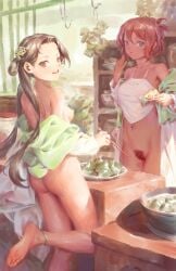 2girls ass barefoot bigrbear blue_eyes breasts brown_eyes brown_hair camisole commentary_request female_pubic_hair food hair_rings highres holding long_hair looking_at_viewer medium_breasts multiple_girls nipples nude open_mouth original pubic_hair red_hair red_pubic_hair salad short_hair small_breasts soles standing standing_on_one_leg toes uncensored white_camisole