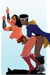 1boy 1girls 2d 2d_(artwork) adult adult_and_teenager african_male against_surface against_wall amazon biting_lip black_male color dark-skinned_male dark_skin dc dc_comics diana_prince dreadlocks exposed_breasts hands_around_waist illustration light-skinned_female light_skin moaning partially_clothed rough_sex saibutts_(artist) sex size_difference static_(superhero) static_shock superhero superhero_costume superheroine teenager vaginal_penetration virgil_hawkins wonder_woman wonder_woman_(series)
