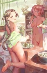 2girls ass barefoot bigrbear blue_eyes breasts brown_eyes brown_hair commentary_request food hair_rings highres holding long_hair looking_at_viewer medium_breasts multiple_girls nipples nude open_mouth original red_hair salad short_hair small_breasts soles standing standing_on_one_leg toes uncensored