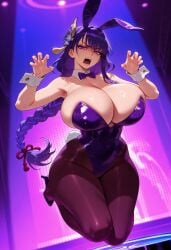 1girls ai_generated alternative_costume animal_ears balecxi bangs bare_shoulders black_legwear black_leotard black_pantyhose blush bow bowtie braid braided_ponytail breasts brown_legwear brown_pantyhose bunny_girl bunnysuit cleavage clothing covered_navel curvaceous curvaceous_female curvaceous_figure curvy curvy_figure detached_collar fake_animal_ears fake_tail female female female_focus female_only footwear genshin_impact hair_ornament high_heels highleg highleg_leotard hoyoverse huge_breasts inviting inviting_to_sex large_breasts legwear leotard long_hair looking_at_viewer mole mole_under_eye navel neckwear open_mouth pantyhose playboy_bunny ponytail presenting presenting_ass presenting_breasts presenting_hindquarters presenting_self purple_eyes purple_footwear purple_hair purple_leotard purple_nails rabbit_ears rabbit_tail raiden_shogun seductive seductive_look seductive_smile shoes smile solo standing strapless strapless_leotard tail thick_thighs thighs very_long_hair voluptuous voluptuous_female wrist_cuffs