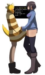 1boy 1boy1girl 1girl1boy blush blushing_male bottomless bottomless_female cock_grab cock_under_clothes dick_grab erection erection_under_clothes erection_under_clothing eyes_wide eyes_wide_open female female_frisk frisk frisk_(undertale) grabbing_penis human_on_anthro human_on_monster imminent_handjob male monster monster_boy monster_kid narration nonchalant penis_grab penis_under_clothes questioning striped_shirt suggestive tail text text_box undertale white_background wide-eyed wide_eyed wide_eyes zukafu_shimoto