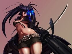 1girls arm_cannon belt bikini bikini_top black_bikini black_rock_shooter black_rock_shooter_(character) blue_eyes blue_fire flaming_eye glowing_eyes high_resolution highres long_hair medium_breasts nipple_bulge nipples scar shorts signhereplease solo solo_female sword twintails