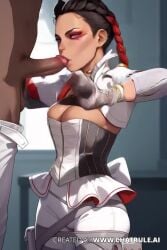 2d adult_content adult_theme ai_generated anime_style black_gloves blowjob brown_skin choker circumcised cleavage close-up corset dark-skinned_male detailed_shading digital_art erect_penis erotic explicit fantasy_character fellatio fingerless_gloves focused_on_characters graphic_content hand_on_penis hand_on_shaft high_contrast indoor intimate large_breasts light-skinned_female light_rays loba_(apex_legends) long_braids makeup medium_penis open_jacket oral_sex penis red_braids red_choker red_corset_accents red_eyeshadow red_lipstick seductive semi-realistic_style sexual_act sexual_arousal sexual_content sexual_depiction sexual_expression sexual_fantasy sexual_illustration sexual_interaction sexual_intimacy sexual_pleasure sexual_scenario sexual_scene soft_lighting tagme tan_skin video watermark white_corset white_top window_in_background