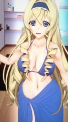 1girls 3d big_breasts bikini blonde_hair blue_bikini blue_eyes breasts busty cecilia_alcott cleavage drill_hair female female_only hairband hi_res infinite_stratos large_breasts legs looking_at_viewer navel open_mouth pose posing sarong thighs toned tongue very_long_hair voluptuous