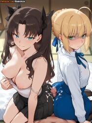 1boy 1girls 2025 2girls ahoge ai ai_assisted ai_generated anime anime_girl anime_style aqua_eyes artist_name artoria_pendragon_(fate) ass assjob bangs bare_shoulders black_hair black_pantyhose black_skirt blonde_hair blue_eyes blue_ribbon blush braid breasts breasts_out brown_hair buttjob camisole closed_mouth collarbone cum cum_on_ass cum_on_body cum_on_clothes ejaculation erection fate/stay_night fate_(series) ffm_threesome green_eyes group_sex hair_bun hair_ribbon hi_res high_quality high_res high_resolution highres indoors long_hair long_sleeves looking_at_viewer medium_breasts multiple_girls neck_ribbon nipples pantyhose patreon patreon_username penis pov ribbon rimjob rinkoai saber shirt sidelocks sitting skirt smile straight strap_slip threesome tohsaka_rin two_side_up uncensored white_shirt