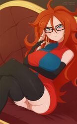 1girls adjusting_glasses android_21 android_21_(human) artist_name ass bare_shoulders black-framed_glasses black_legwear black_nails blue_eyes blush breast_hold breasts brown_hair busty closed_mouth couch dragon_ball dragon_ball_fighterz dress earrings elbow_gloves erect_nipples female fingerless_gloves glasses gloves gynoid highres hoop_earrings hourglass_figure large_breasts legs legs_crossed long_hair looking_at_viewer merunyaa nail_polish no_panties pussy red_hair shounen_jump sitting solo thighhighs thighs uncensored vagina voluptuous