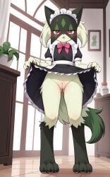 1girls 2025 ai_generated anthro blushing bottomless bottomless_female digitigrade dress_lift female female_only generation_9_pokemon green_fur hi_res indoors innie_pussy maid_uniform meowscarada nintendo no_panties pink_eyes pokemon pokemon_(species) pussy smile