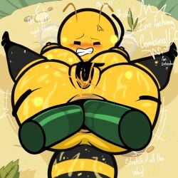 arm_behind_head ass_focus asshole_focus bee_abdomen bee_antennae black_eyes black_stripes cumming_from_anal_sex cumming_honey cyanide_and_happiness dirt_floor double_penetration female fingering_own_pussy frottage_via_penetration grass_background green_leaves gritting_teeth hand_on_ground holding_own_ass honey_on_hand japansadface legs_back masturbating_while_penetrated outside pollen pollen_bee_(cyanide_and_happiness) sex stretching_anus wet_penis yellow_body