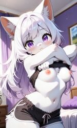 ai ai_art ai_generated anthro artificial_intelligence bed bed_sheet bedroom big_breasts breasts cat_girl cat_humanoid crop_top cute feline female female_focus fur furry looking_at_viewer neko nipples original original_character original_characters pixai purple_eyes shorts smiling_at_viewer tagme undressing unknown_artist white_body white_fur white_hair yuriko_(oc)