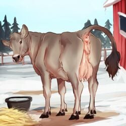 1girls anus ass barn bovine butt butt_focus cattle detailed_background female female_feral female_only fence feral hay looking_at_viewer looking_back mammal piippujalka plump_labia presenting presenting_hindquarters presenting_pussy pussy snow soft_shading solo teats tree udders water