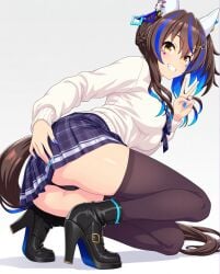 ai_generated animal_ears daitaku_helios_(umamusume) female gyaru hair_pin horse_girl looking_back panties_visible_under_skirt skirt two_tone_hair umamusume umamusume_pretty_derby