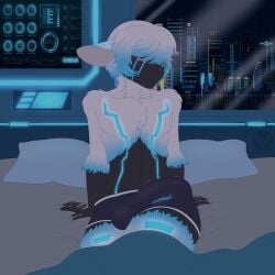 absurd_res android anthro bed big_bulge biped black_body blue_body blue_clothing blue_fur blue_hair blue_underwear blush bovid boxer_briefs boxer_briefs_only bulge caprine city city_background clothed clothing cyan_lights cybernetics cyberpunk detailed_bulge erection erection_under_clothing fur furniture genital_outline gradient_hair hair hi-tech hi_res machine male male_anthro mammal mi-y0 neon_lights on_bed penis_outline pillow robot sheep shyder sitting sitting_on_bed solo tenting topless tremble_lines underwear underwear_only white_body white_fur white_hair window
