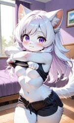 ai ai_art ai_generated anthro artificial_intelligence bed bed_sheet bedroom big_breasts breasts cat_girl cat_humanoid crop_top cute feline female female_focus fur furry looking_at_viewer neko nippleless original original_character original_characters pixai purple_eyes shorts smiling_at_viewer tagme undressing unknown_artist white_body white_fur white_hair yuriko_(oc)