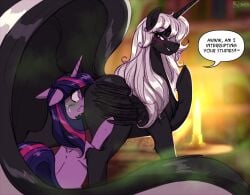 alicorn ass big_butt black_body candle dialogue doronkomajo duo english_text equid equine feathered_wings feathers female female/female feral friendship_is_magic hair hasbro hi_res hooves horn hybrid lit_candle mammal mephitid my_little_pony mythological_creature mythological_equine mythology pupils purple_body quadruped scent skunk stink_fumes stinkface text thick_thighs three-quarter_view twilight_sparkle_(mlp) white_hair white_sclera wings