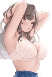 1girls :o armpits arms_behind_head arms_up blue_skirt blush bra breasts brown_hair commentary_request female from_side highres idolmaster idolmaster_shiny_colors kijibato_123-gou long_hair looking_at_viewer no_shirt open_mouth red_eyes simple_background skirt solo tsukioka_kogane underwear upper_body white_background white_bra